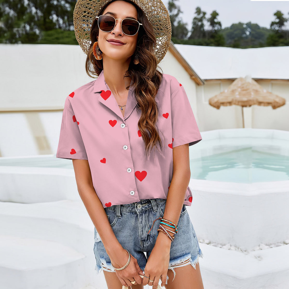 Pink Heart Women Casual Shirt |Hawaiian Shirt | Short Sleeve Shirt