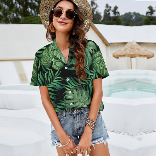 Green Fresh Tropical Palm Leaves Women Casual Shirt |Hawaiian Shirt | Short Sleeve Shirt