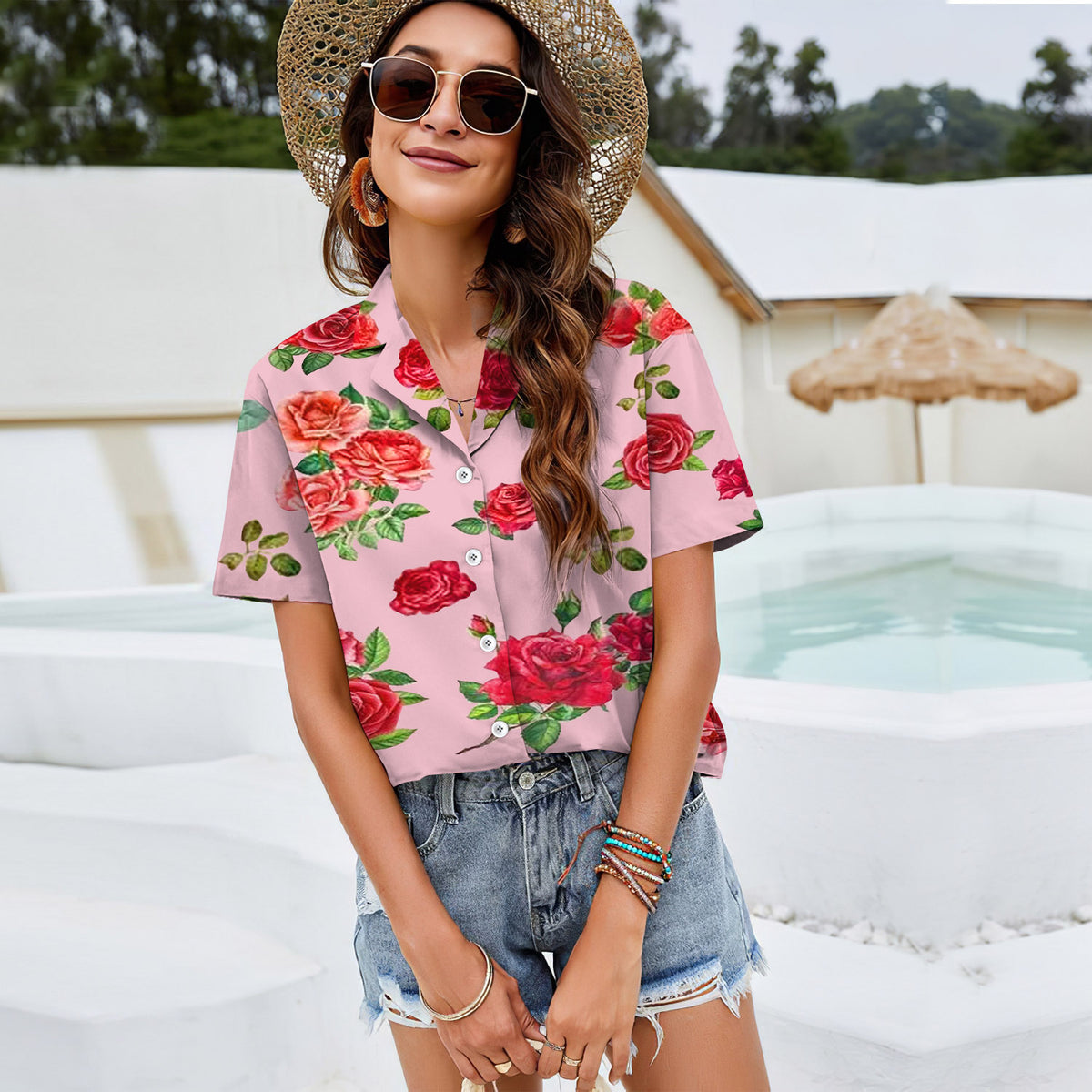 Rose Women Casual Shirt |Hawaiian Shirt | Short Sleeve Shirt